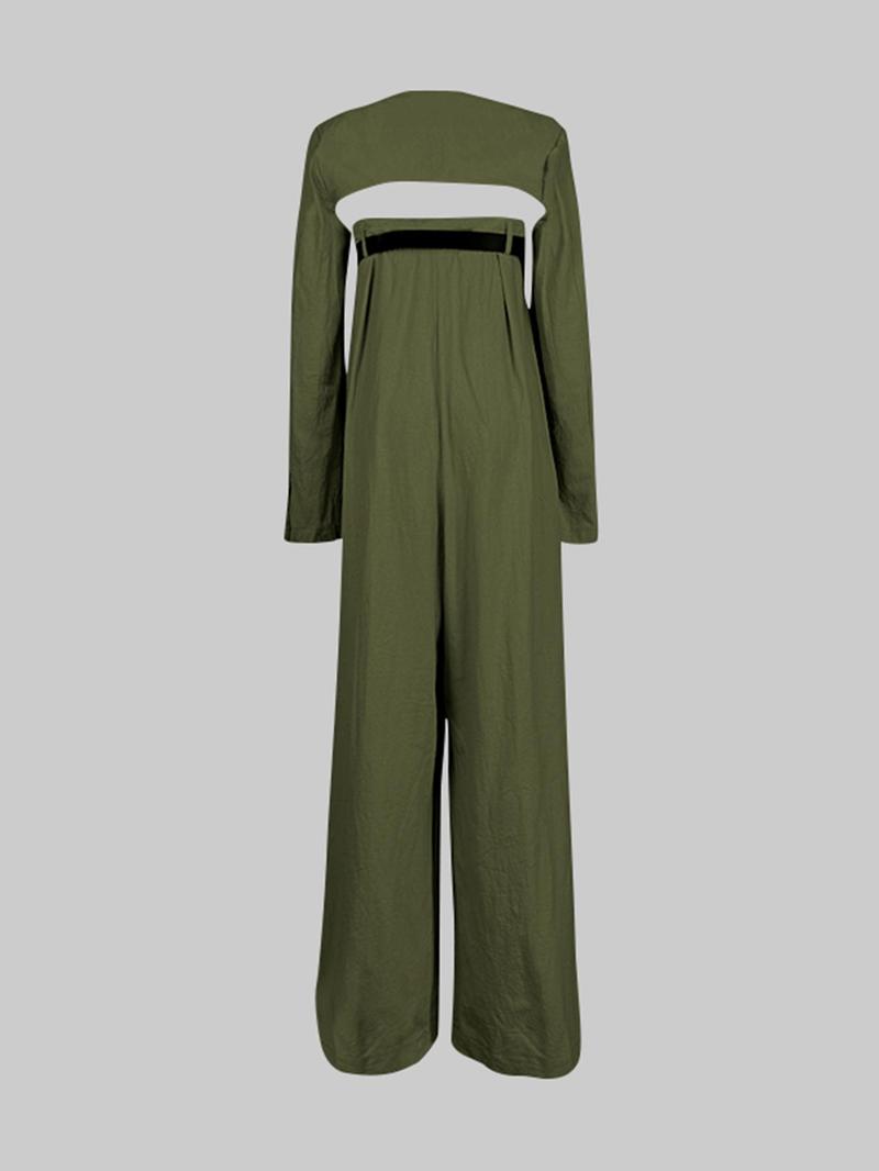 Women's Solid Coat & Jumpsuit with Belt Set, Casual Long Sleeve Coat & Jumpsuit, Ladies Clothes for All Seasons