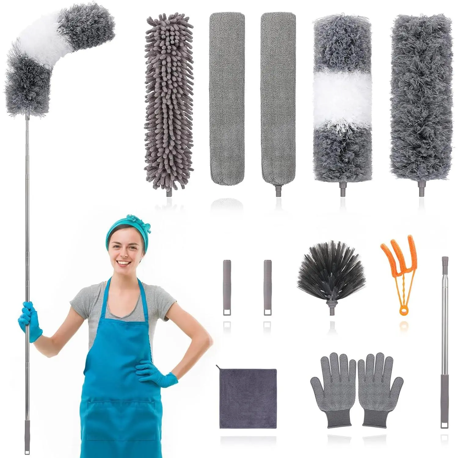 12 count Microfiber Dusters, Duster with Extension Pole(Stainless Steel) 30 to 100'', Washable Dusters, Bendable Extendable Long  Duster for Cleaning Fan, High Ceiling, Blinds, Furniture,