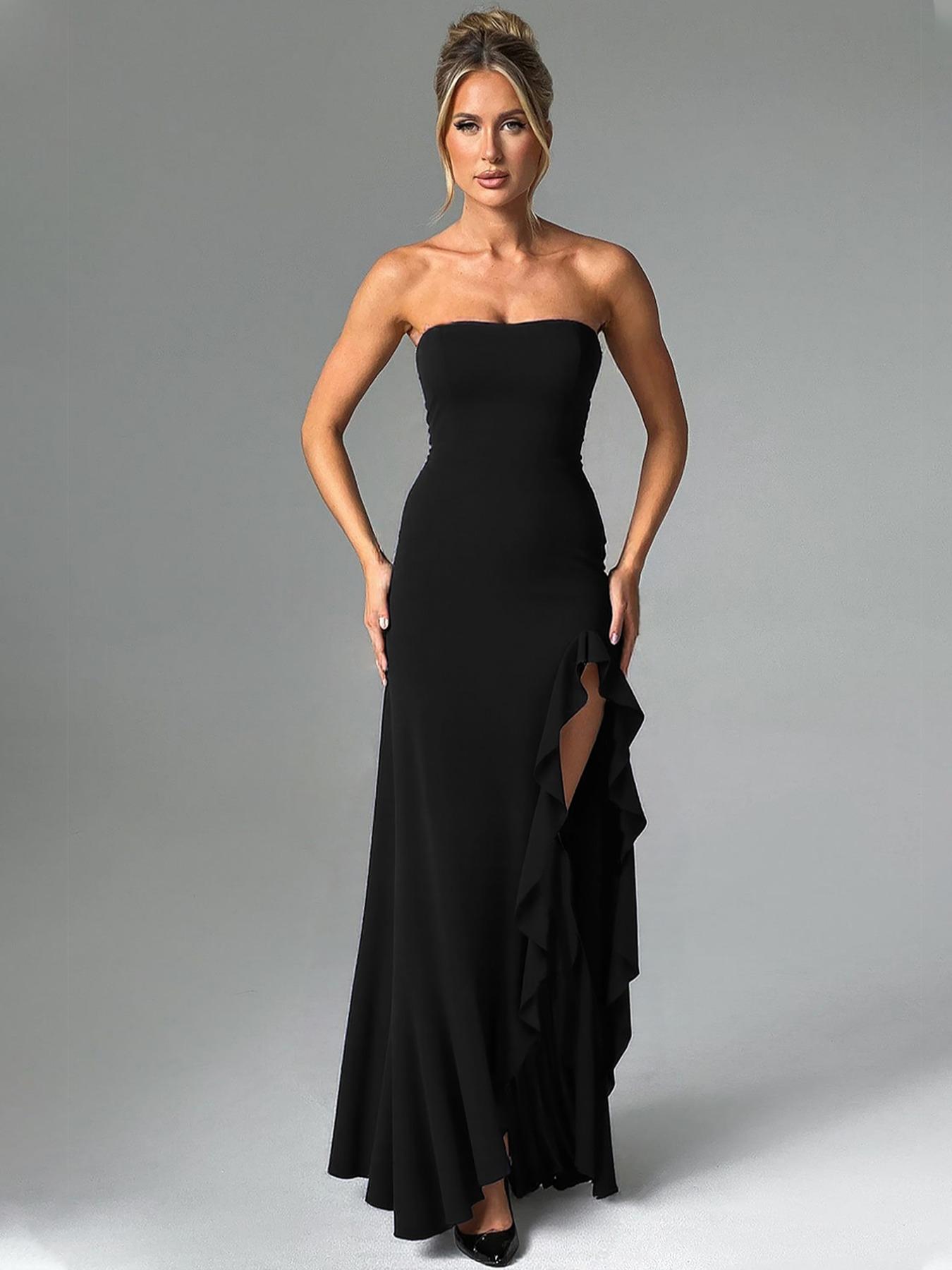 Women's Solid Color Ruffles High Split Off-Shoulder Sleeveless Bodycon Tube Dress Elegant Sexy Strapless Backless Ruched Slit Plain Birthday Party Club Evening Gown Holiday Long Full Formal Dresses for Ladies Girls Flattering Fitted Casual Clothes Wear