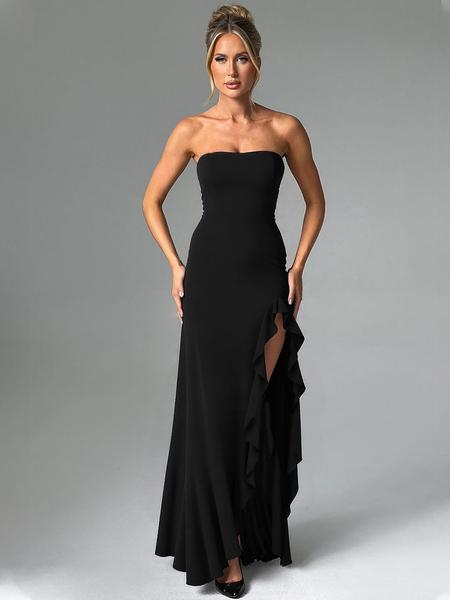 Women's Solid Color Ruffles High Split Off-Shoulder Sleeveless Bodycon Tube Dress Elegant Sexy Strapless Backless Ruched Slit Plain Birthday Party Club Evening Gown Holiday Long Full Formal Dresses for Ladies Girls Flattering Fitted Casual Clothes Wear