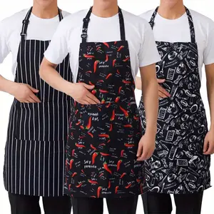 Adjustable Half-Length Adult Apron Striped Restaurant Chef Apron Outdoor Camping BBQ Picnic Kitchen Cook Apron with 2 Pockets