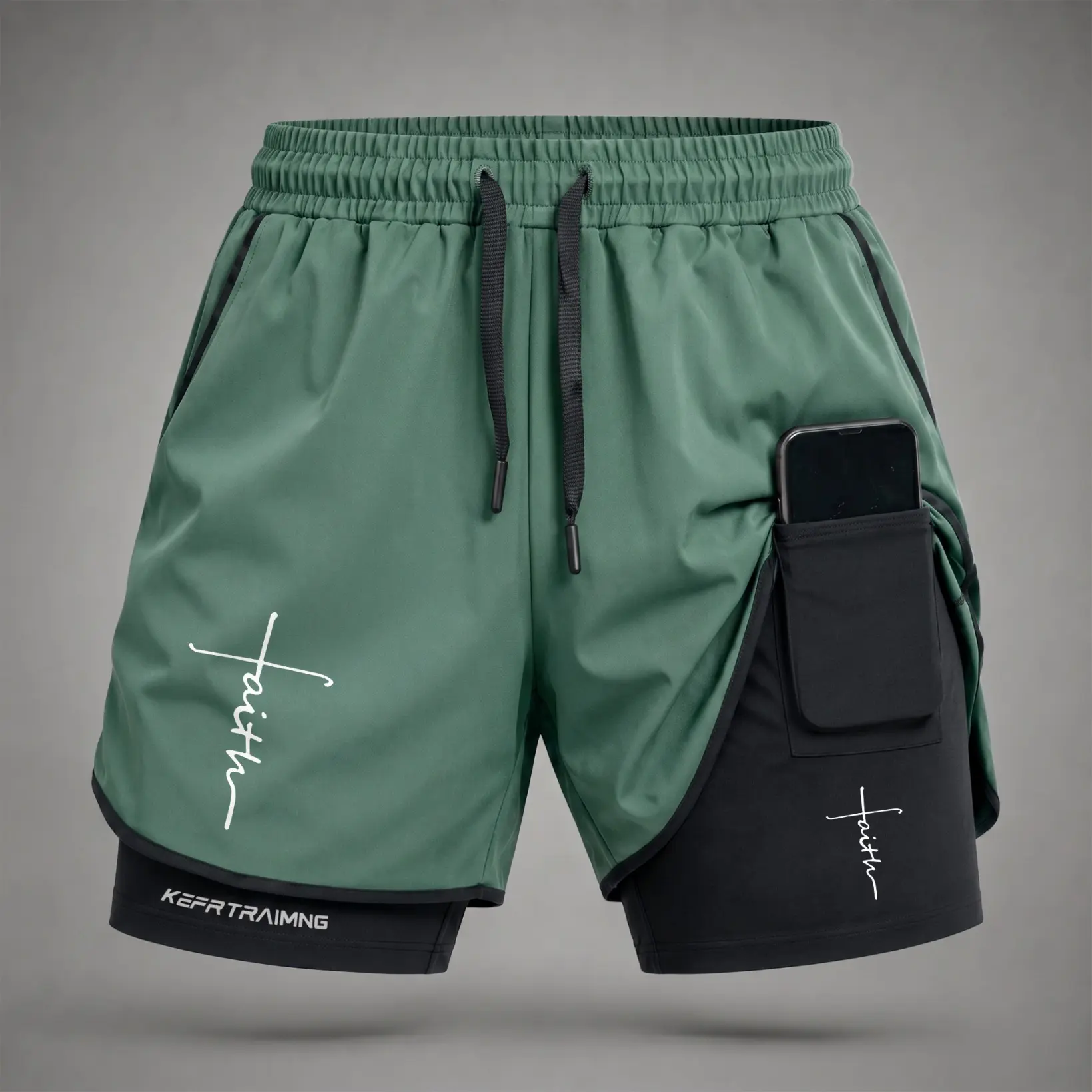 Men’s Minimalist Faith Signature Cross Graphic 2-in-1 Workout Shorts, Stretch Compression Inner Layer, Secure Phone Pocket, Adjustable Drawstring Waist, Lightweight Quick-Dry Fitness Shorts