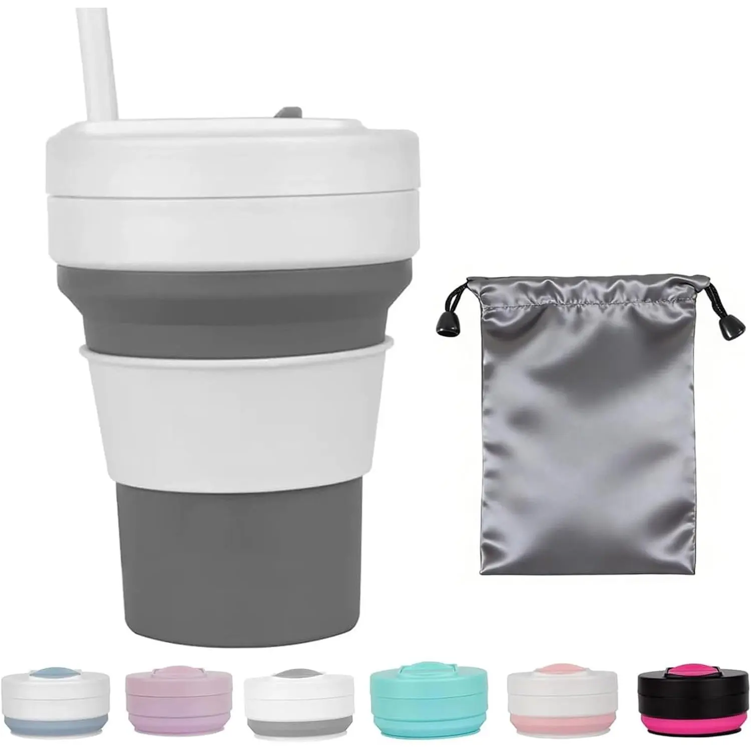 12 OZ Collapsible Travel Cup with Lid, Foldable Drinking Cup for Camping Hiking,Portable  Water Bottle for Hot and Cold Beverages with Straw- Grey & White(Including Bag)