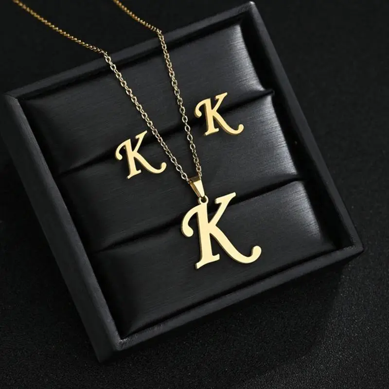 Fashion Stainless Steel Alphabet Initial Necklace 26 English Letter Earrings Necklace For Women Set Personalize Jewelry Gift