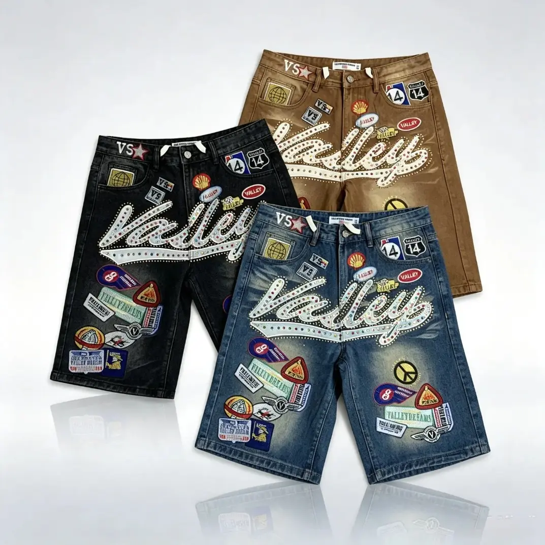 Trending VALE Unisex Y2K Rhinestone Denim Jorts Full Bling Loose Fit Washed Jean Shorts Letter Embroidery Graphic Baggy Streetwear Cargo Style Summer Casual Festival Outfit for Men Women