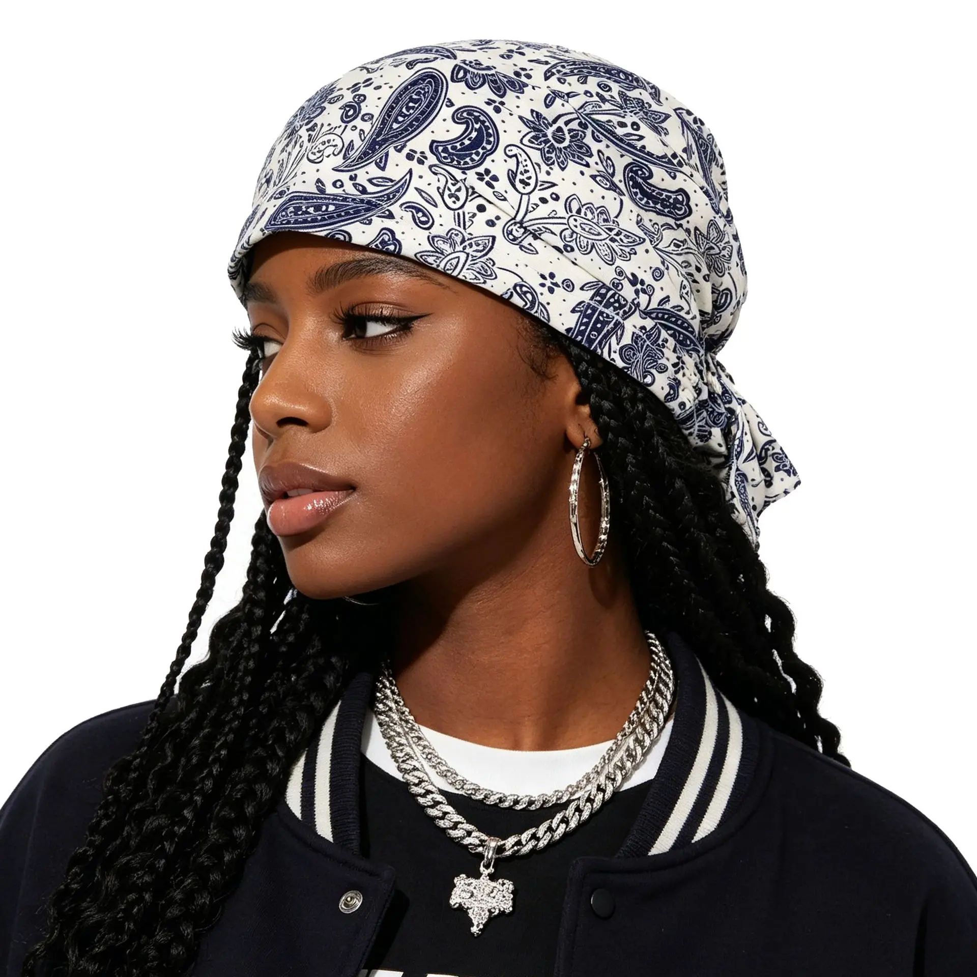 Unisex Navy Paisley Printed Breathable Fabric Adjustable Tie-Back Headwrap, Non-Slip Sweat-Resistant 1-Size Durag Cap for Biker Streetwear (Sports & Outdoor Accessory)