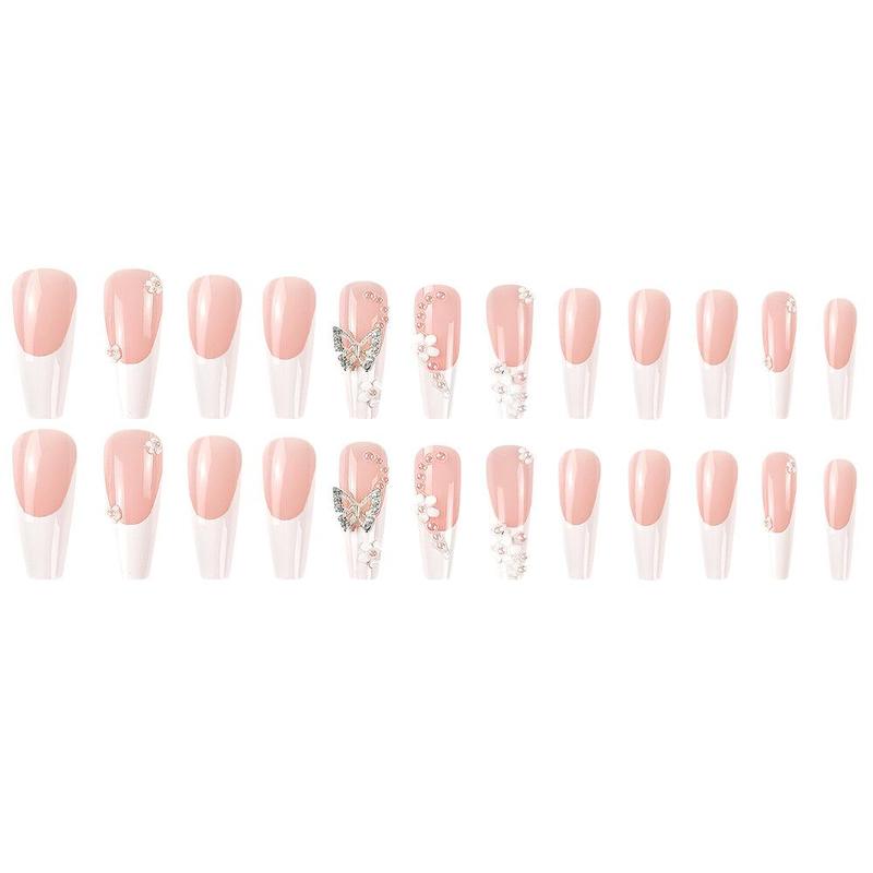 24pcs 3D Flower & Butterfly Decor Fake Nail & 1 Count Tape & 1 Count Nail File, Artificial Pearl Decor Fashion Press on Nails for Women & Girls Diy Nail Art, Elegant Stick on Nails Kit