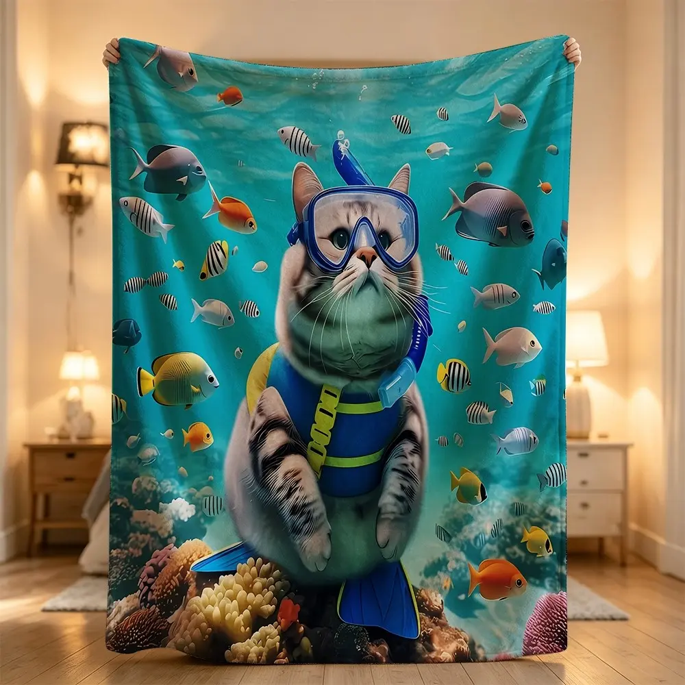 Scuba cat underwater ocean fish reef colorful fun cozy blanket Flannel blanket, sofa leisure blanket, bed blanket, Plush Throw Blanket,Cozy Soft Lightweight Blanket,Boho Decorative Throw Blanket