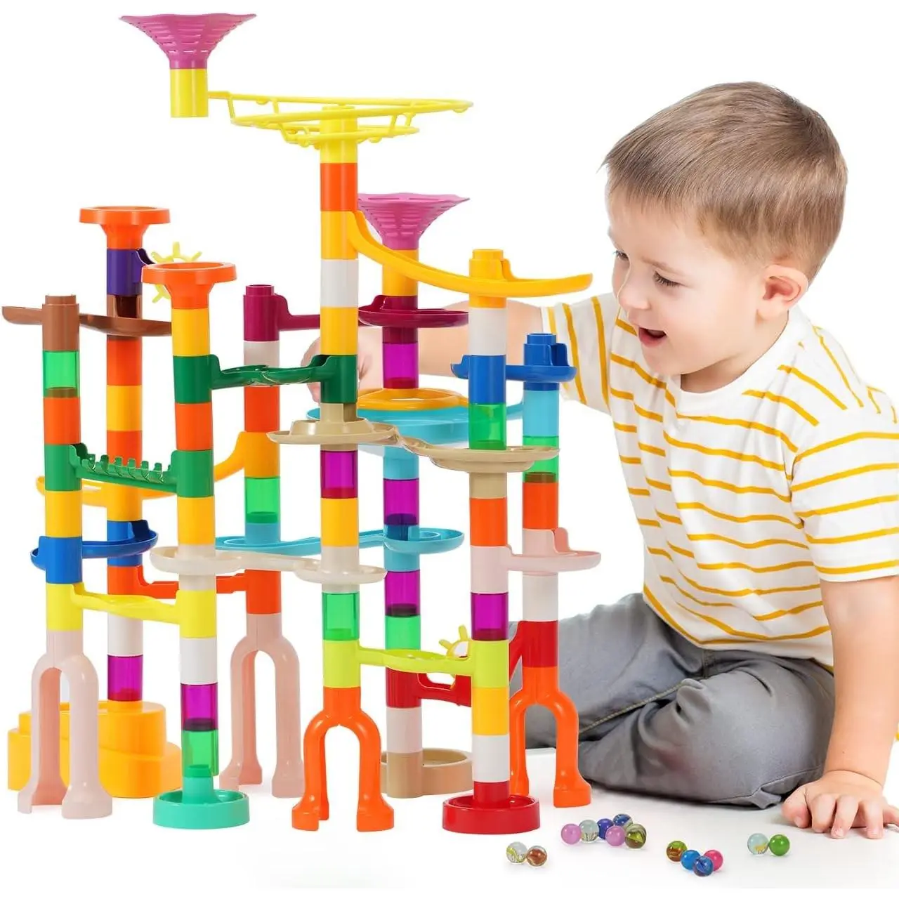 Marble Run Kit, 166Pcs Marble Maze Building Block Toys for Kids, STEM Learning Toys Marble Track Race Set with 30 Glow in The Dark Glass Marbles Birthday Gift Toys for Boys & Girls Aged 3-12