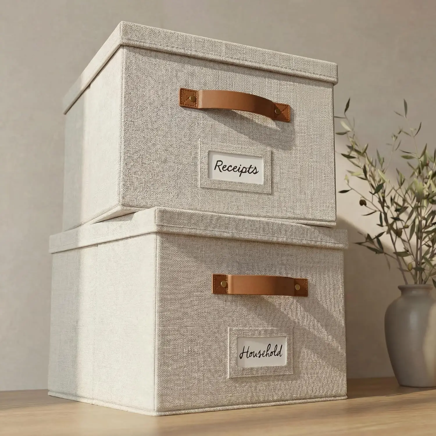 Decorative File Organizer Box Set of 2 - Collapsible Linen Filing Cabinets with Handles Are Perfect to Store All Your Documents & Hanging File Folders - Portable Easy Slide Office Crates with Lid