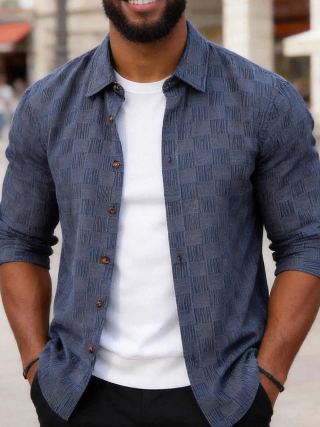 Men Dark Blue Geometric Grid Textured Long Sleeve Button Down Shirt, Classic Point Turn Down Collar Casual Overshirt With Wooden Buttons, Soft Thickened Skin-Friendly Fabric, Autumn Winter Versatile Outer Layer For Indoor Daily Matching, City Walking, Dai