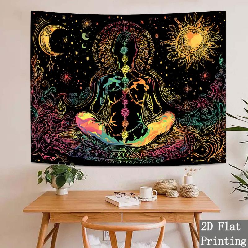 A Single Piece of Colorful 2D Flat Fabric Featuring a Spiritual Chakra And Cosmic Design, Showcasing The Chakra System. This Vibrant Wall Hanging Is Perfect for Your Living Room, Bedroom