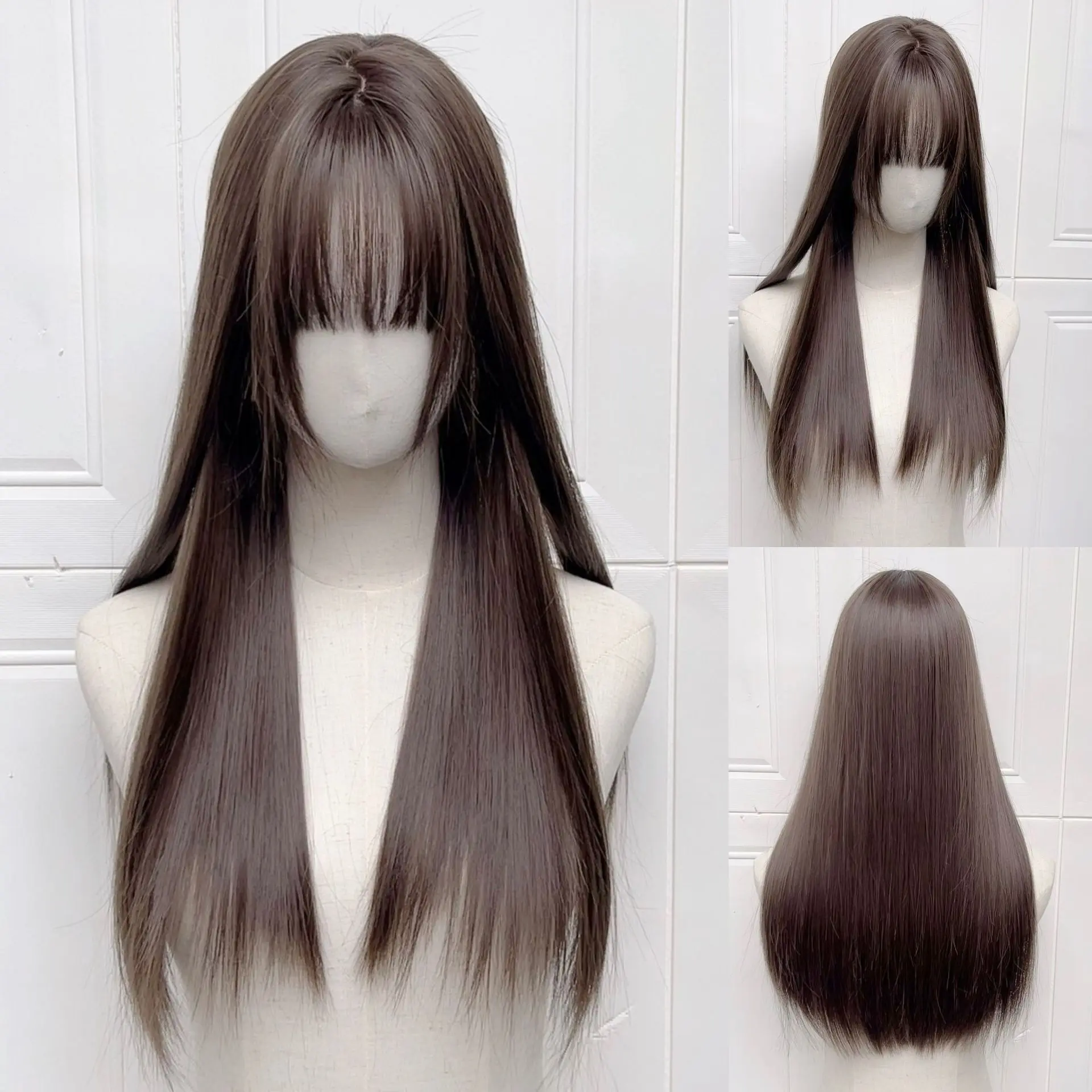 Women's Synthetic Full Machine Wig - Cold Brown, Long Straight, Air Bangs, Natural Realistic Hair, Full Head Piece for Round Face