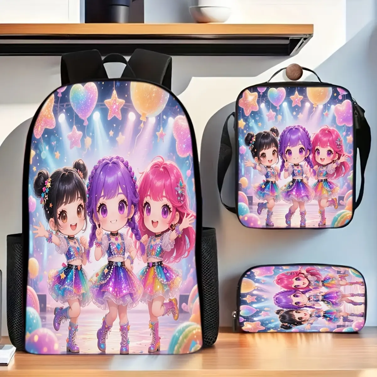 3pcs Cute Three Dancing Girls Print Backpack Set, Unisex for Daily School Travel Outdoor, Ideal for Back to School Birthday Holiday Gifts, Hand Wash Available, For Teenager
