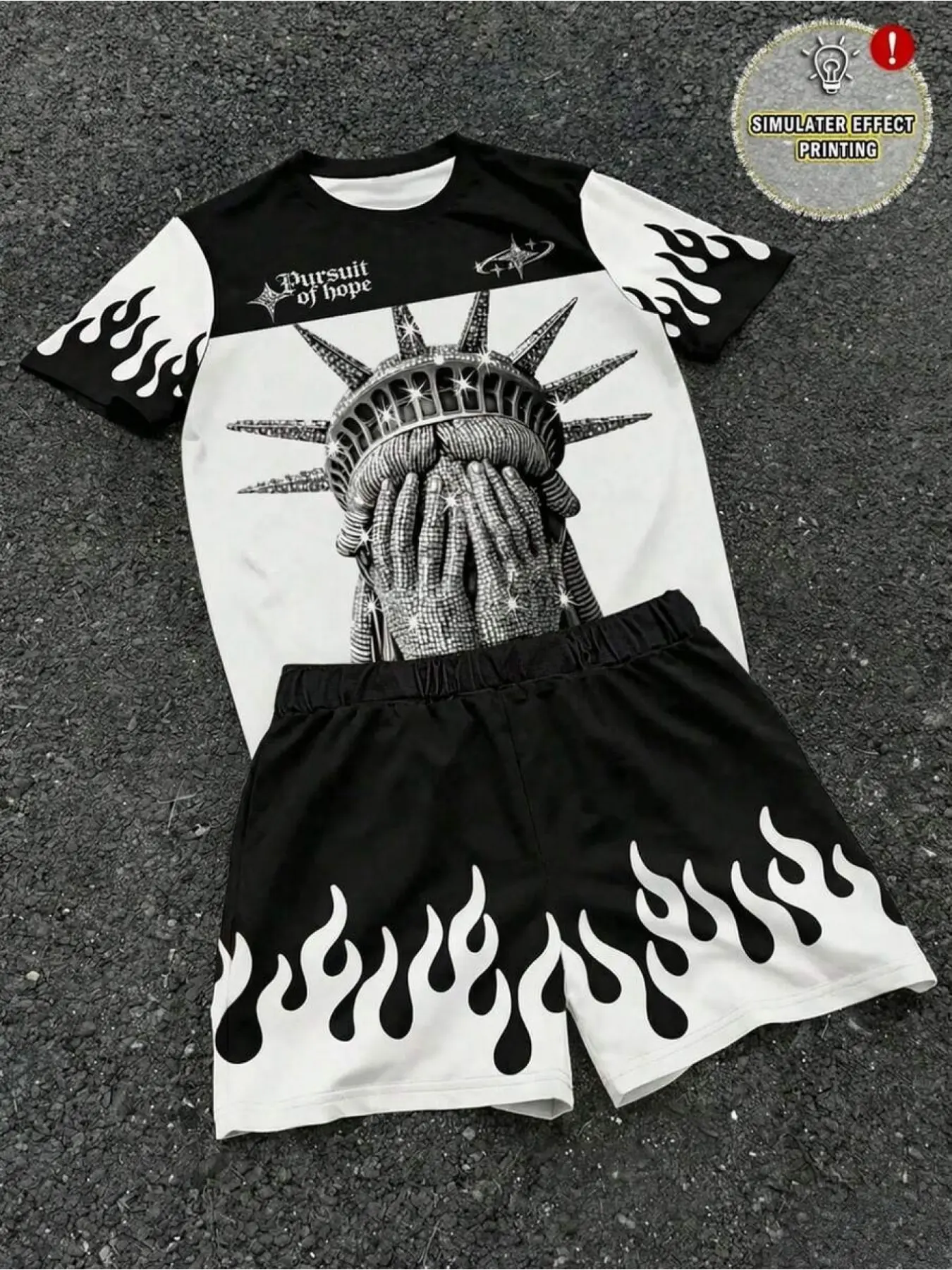 Liberty Statue Flame Pattern Unisex Sports Set, Short Sleeve T-Shirt and Shorts Two-Piece Set, Casual Summer Fashion