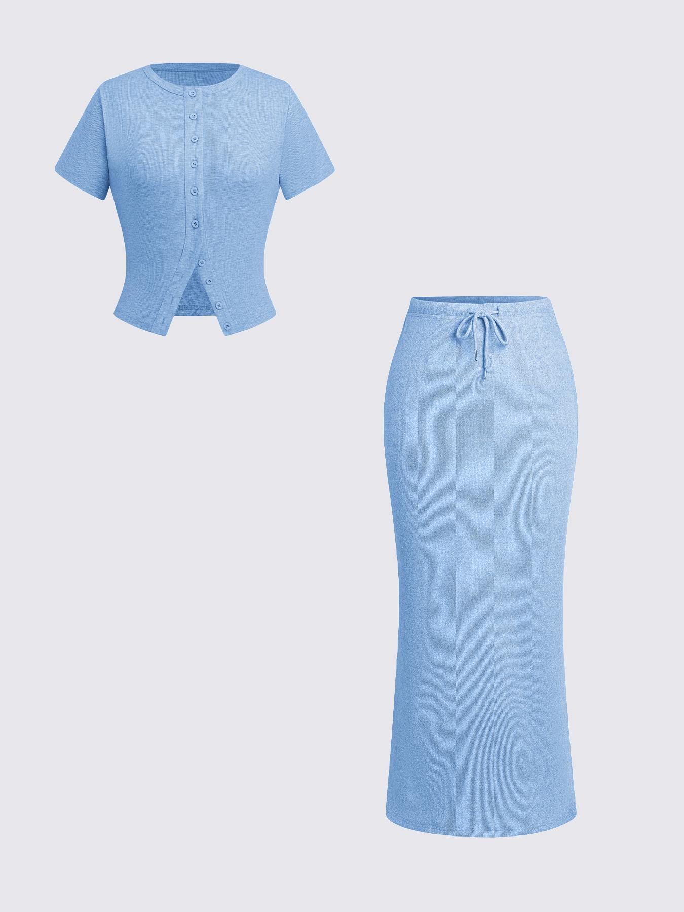 Women's Solid Basic Button Front Tee & Drawstring Split Hem Skirt Two-piece Set, Casual Short Sleeve Round Neck Top & Skirt for Daily Wear, Ladies Two-piece Outfits for All Seasons, Matching Clothing Set Women