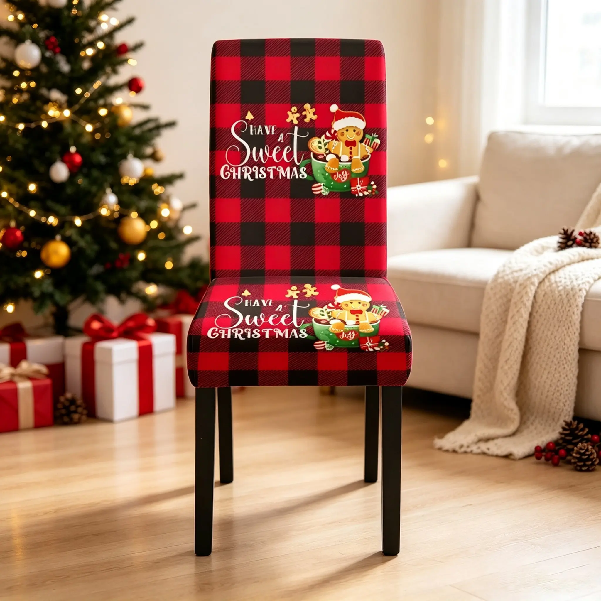 Christmas chair cover, red and black buffalo check patterned cute gingerbread man printed Christmas dining chair cover, stretchable and detachable chair cover, Christmas party home decoration