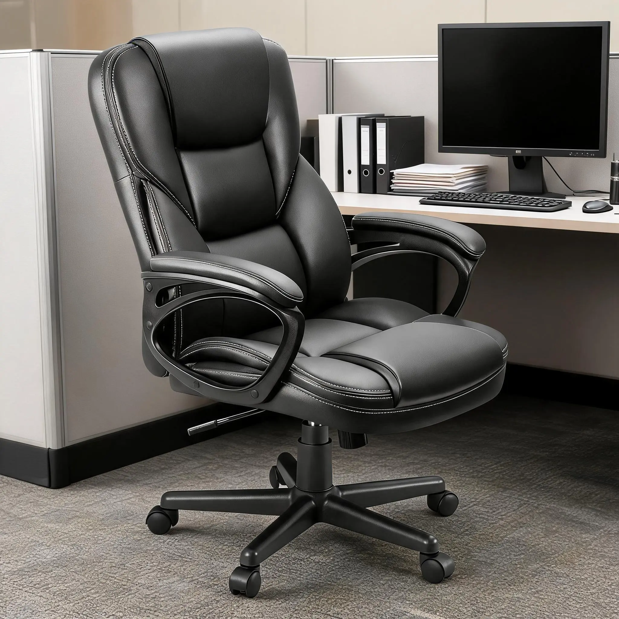 Black Split Back PU Leather Executive Office Chair, Ergonomic Adjustable Height Swivel Desk Chair with Silent Rolling Wheels, 280Lbs Heavy Duty Waterproof Wear Resistant Computer Task Chair for Office Workspace Easy Assembly