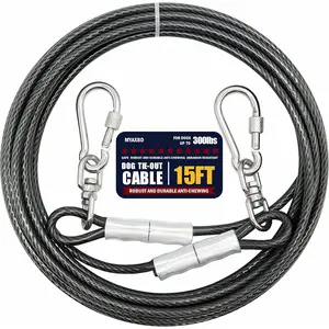 15FT Dog Tie Out Cable – 5mm Diameter Heavy Duty Lead with 1000lbs Break Strength, Chew-Proof & Tangle-Free for Medium & Large Dogs, Outdoor Use (Grey)