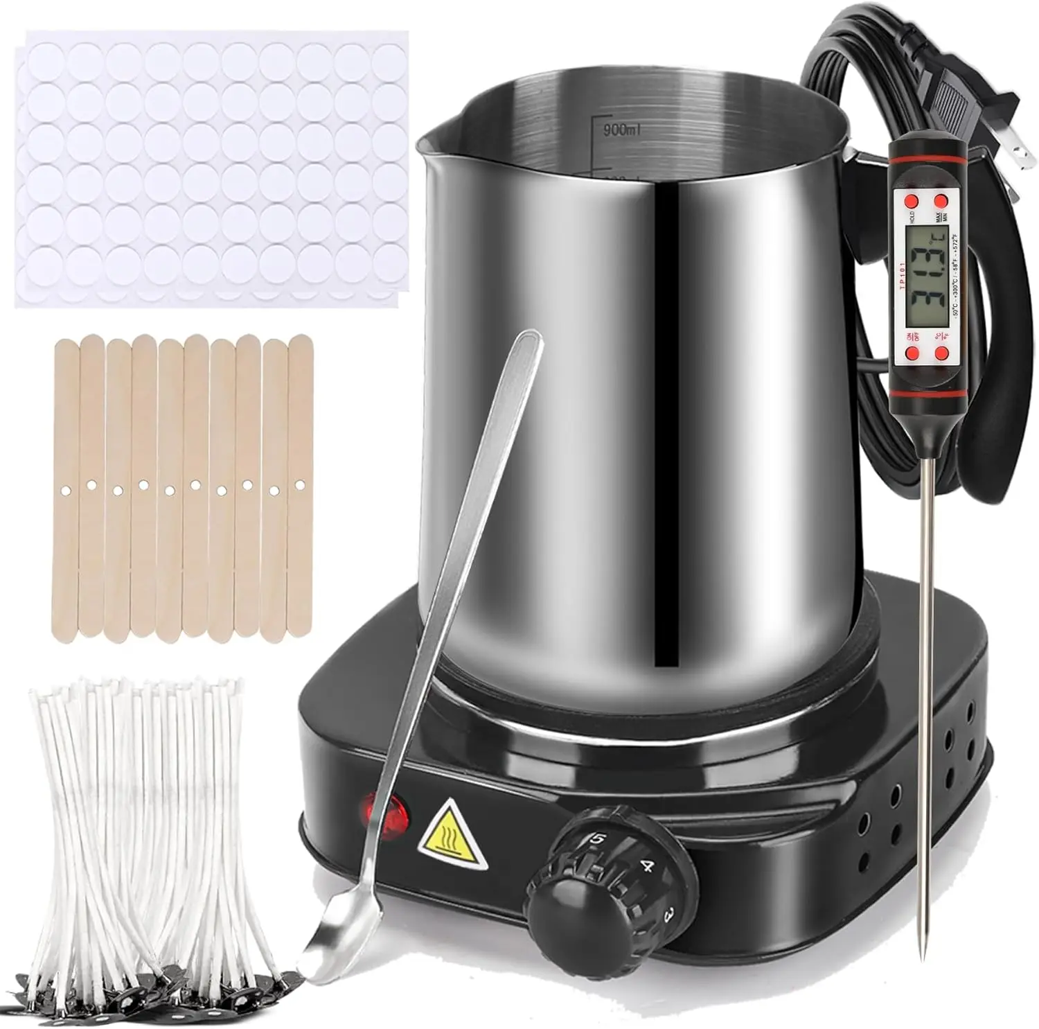 DIY Candle Making Starter Kit for Adults - 500W 110V No Battery Needed Electric Melter Stove, Lightweight Stainless Steel 900ml Wax Pouring Pot, Digital Thermometer, Easy to Store Beginner Set
