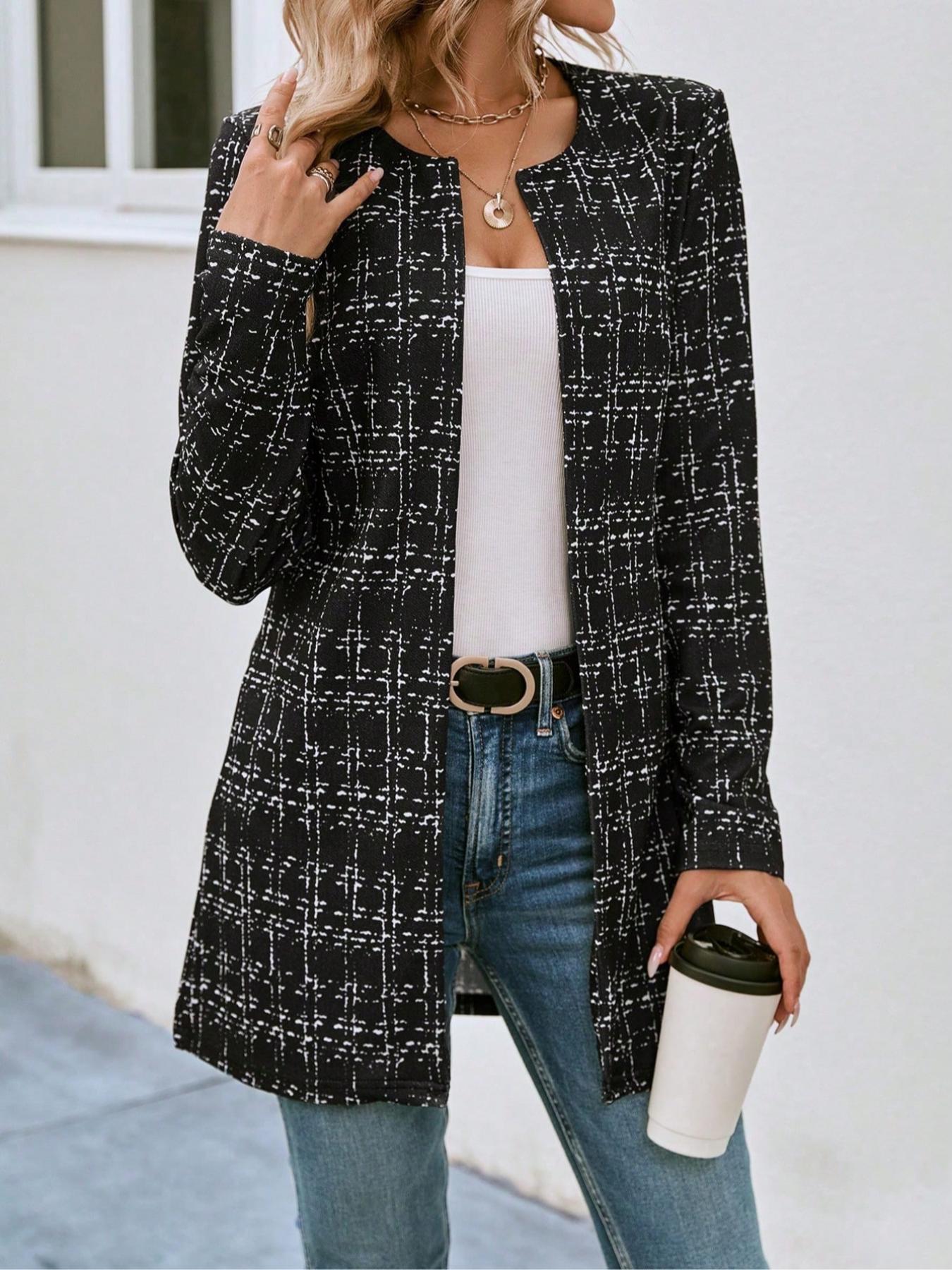 Women's Mid-Length Plaid Coat, Casual Fashion Outerwear, Long Sleeve Button Front Jacket, Fall & Winter Clothing, Ladies' Stylish Overcoat, Tops