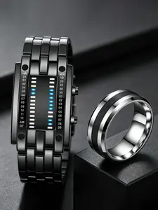 Two-Piece Set Binary LED Steel Band Electronic Watch + Tungsten Ring, Cyberpunk Style Men's Fashion Watch, No Box Included