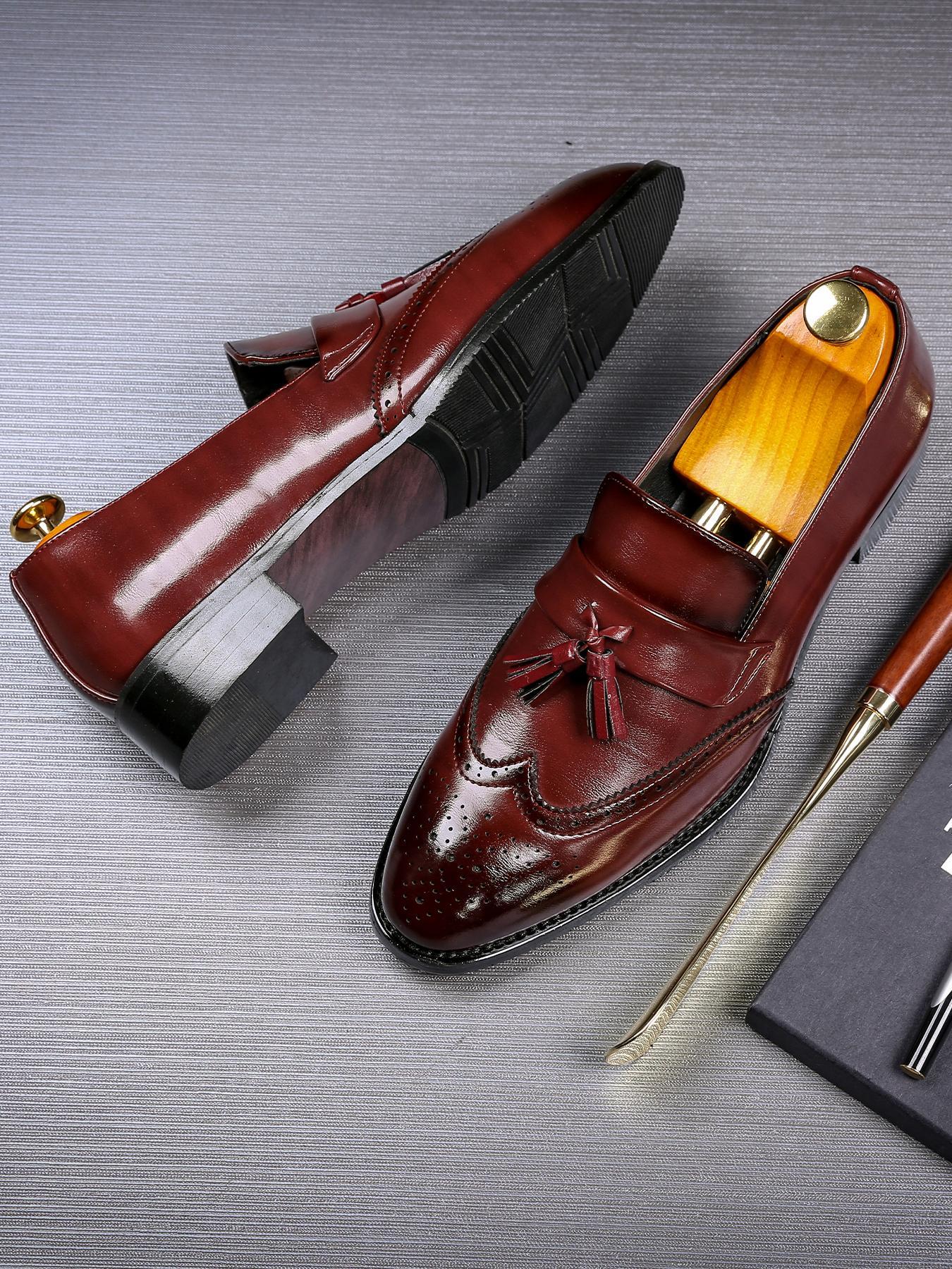 Men's Business Solid Color Classic Pointed Toe Tassel Decor Loafers, Fashionable PU Leather Dress Shoes for Work Office, Male All-match Commuter Shoes for Daily Wear