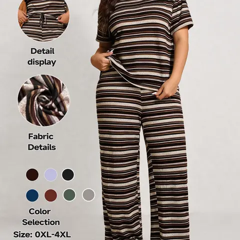 Women's Plus Size Striped Print Drop Shoulder T-Shirt and Long Pants Sleepwear Set, Comfortable Home Wear Loungewear, Casual Fashion Night Outdoors Walking