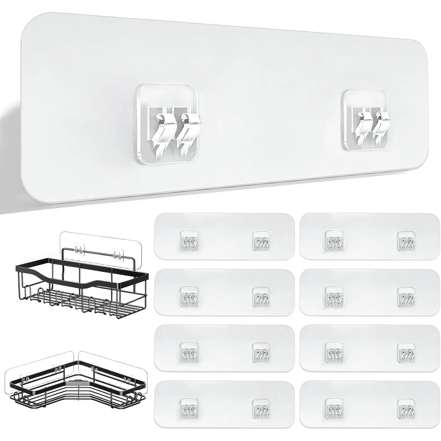 9 Pack Shower  Adhesive  Strips, Heavy Duty Clear  Sticky Hooks, No Drilling Wall Mount for Shower Shelves, Bathroom Storage, Kitchen Rack & Soap Holder