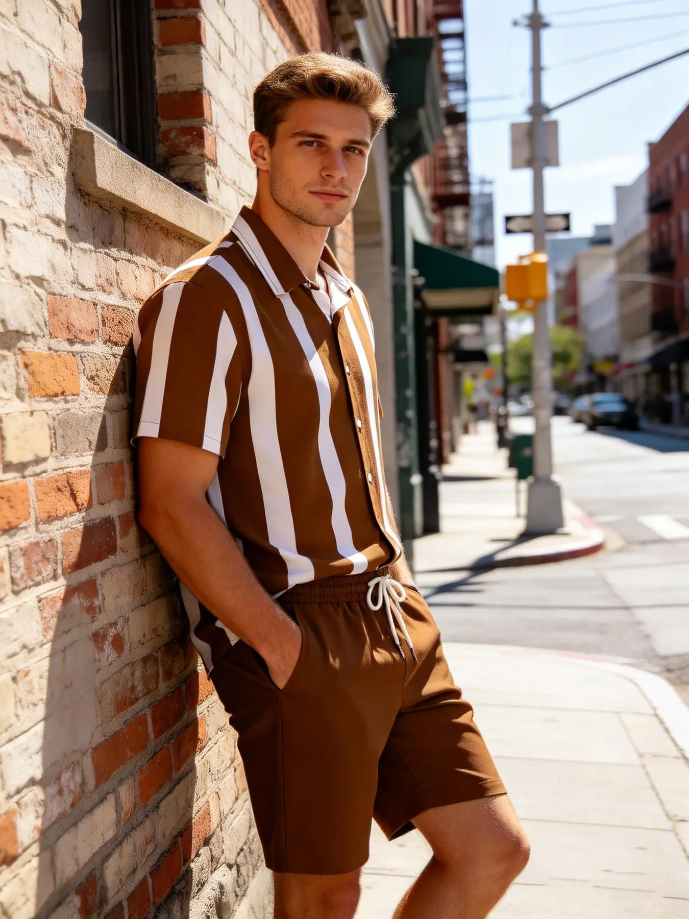 Summer Men 2 Piece Matching Tracksuit, Vertical Stripe Textured Camp Collar Button Down Short Sleeve Shirt + Elastic Waist White Drawstring Casual Shorts, Breathable Lightweight Woven Outfit For City Holiday Daily Street Style Home Wear