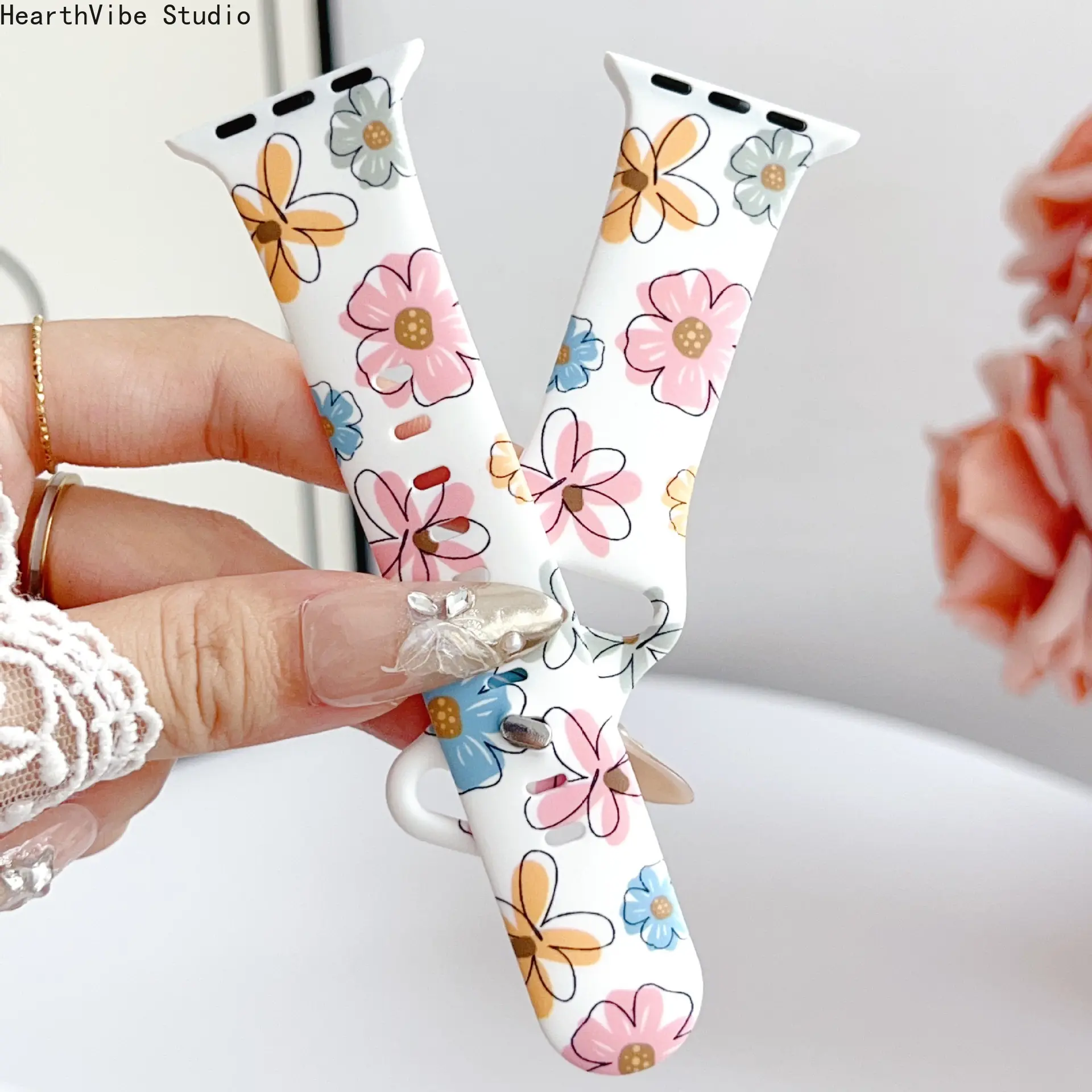 Floral Pattern Silicone Watch Band Cute Flower Print Sport Strap Compatible with Apple Watch Series 11 10 9-3 SE Ultra Daily Gift for Women
