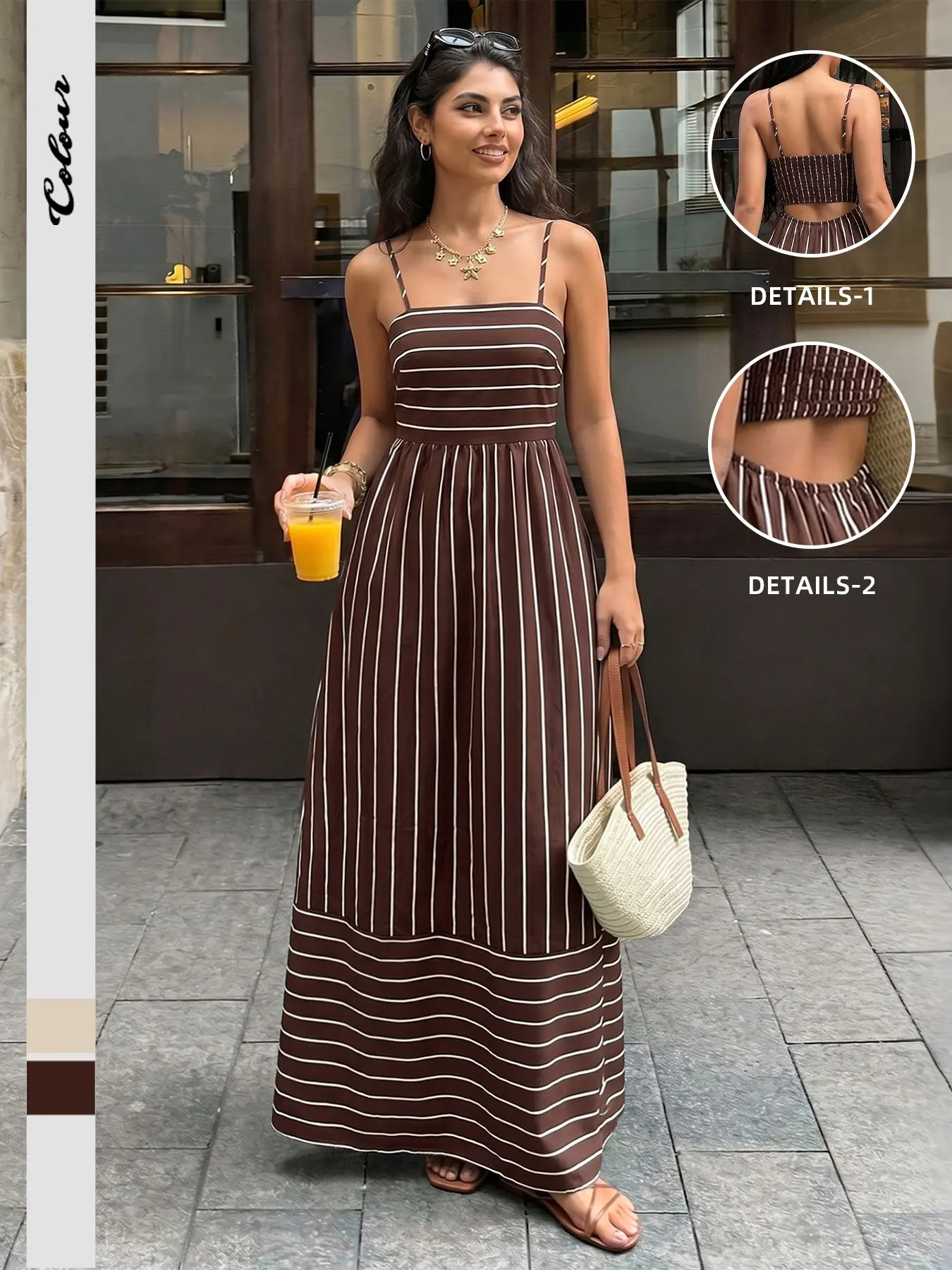 Vintage Resort Style Casual Long Dress, Striped Halter Backless Cutout Dress, Elegant Flowy Maxi Dress for Summer Holidays