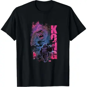 Godzilla x Kong Graphic T-Shirt King Kong Dual Image Roaring Head Portrait Holding Battle Axe Full Body Neon Pink Purple Gradient Cyberpunk Street Art Monsterverse The New Empire Movie Fan Art Black Graphic T-Shirt Unisex Oversized Crew Neck Soft Pre-Shru