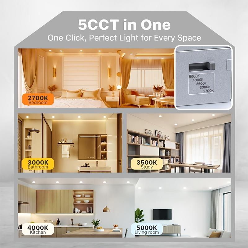 4/8/16-pack 6-inch ultra-thin LED recessed ceiling lights with night light function, includes junction box, 5 selectable color temperatures (2700K-5000K), dimmable, 120V, 12W high brightness, suitable for modern interior decoration.