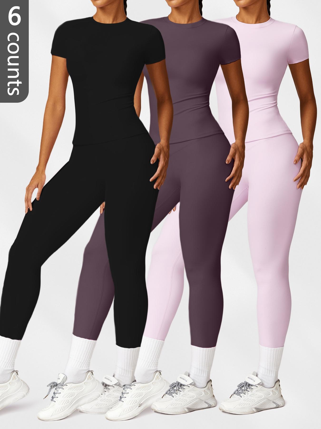 Women's Solid Round Neck Tee & High Waist Leggings Sportswear Set, Breathable Quick Drying Short Sleeve T-shirt & Skinny Pants, Ladies Sportswear for Indoor Outdoor Wear