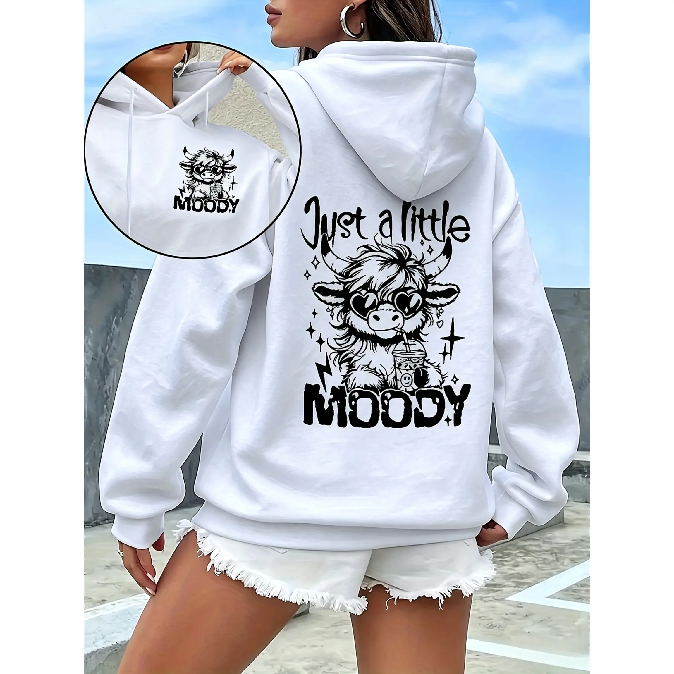 Unisex Oversized Cotton Fleece Lined Drawstring Hoodie Kangaroo Pocket, Front Mini Moody Highland Cow Back Large Cute Cow Coffee Dual Print Western Coquette Graphic Sweatshirt