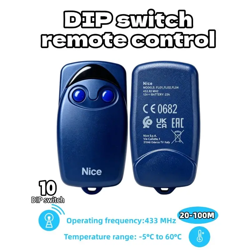 Nice Flo Series Remote Control, 2 Buttons, 10 Dip Switches, 433.92mhz, Wide Temperature Range, Replacement for Garage Door, Compatible with Flo01 Flo02 Flo04