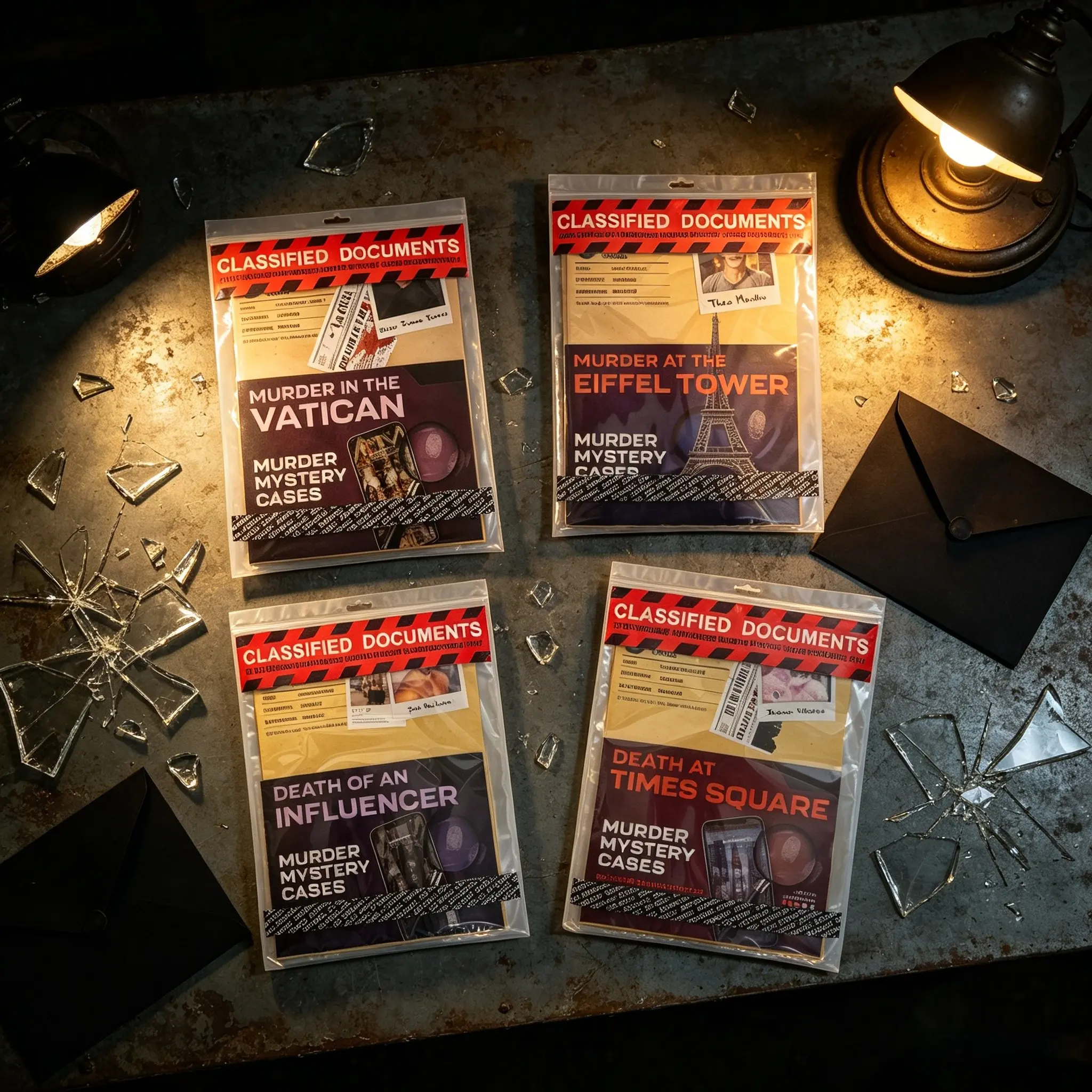 Collection of multiple cases - Thrilling Murder Mystery Games. BE THE DETECTIVE, CRACK THE CASE - including crime scene photos, an autopsy report, police transcripts, and suspect profiles.
