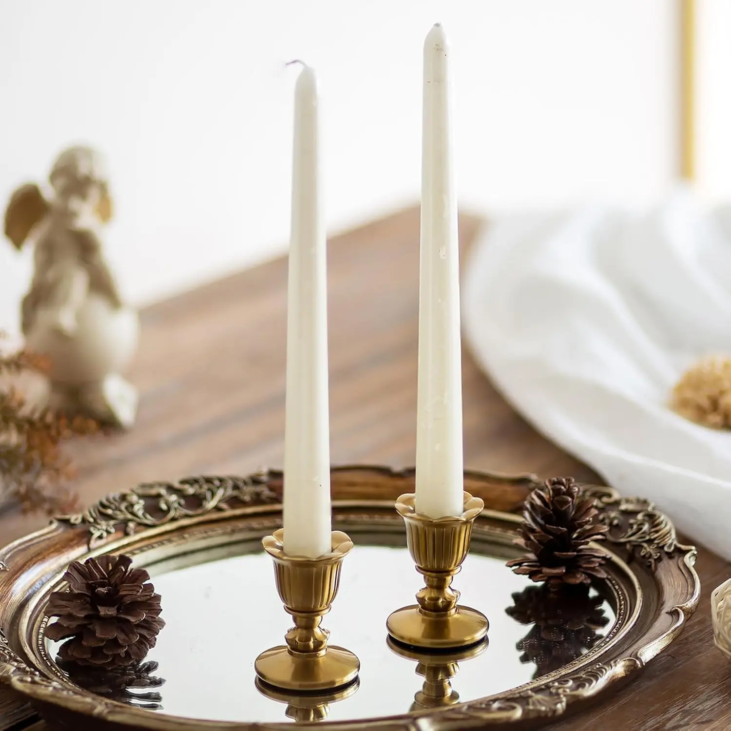 Set of 2 Vintage Brass Gold Taper Candle Holders, Victorian Style Candlesticks for Table Centerpiece Wedding Christmas Mantel Festive Home Decor