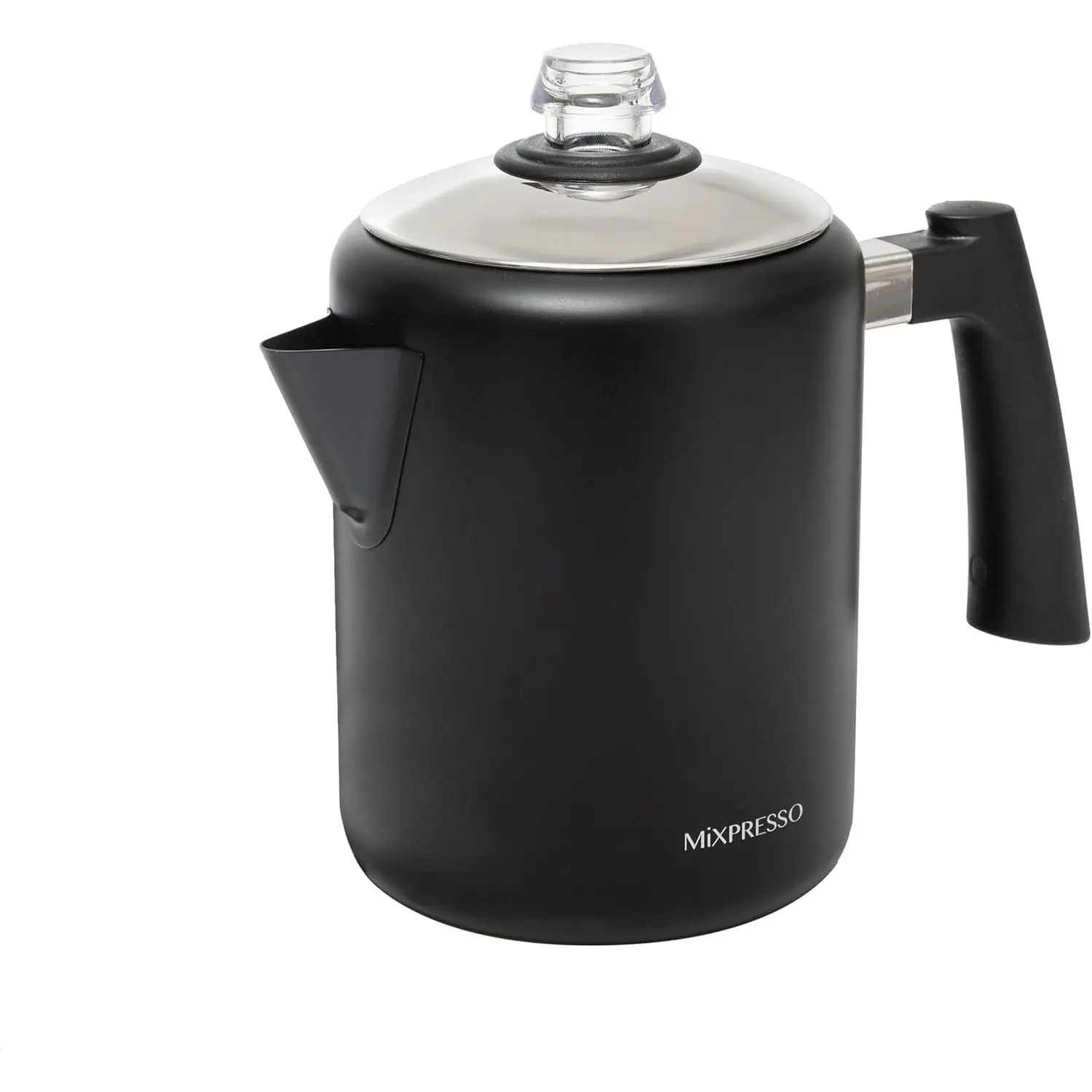 5-8 Cup Coffee Percolator Stovetop, Stainless Steel Coffee Pot | 37 oz black stainless steel percolator coffee pot for camping or home use, with cool-touch handle and clear monitoring knob