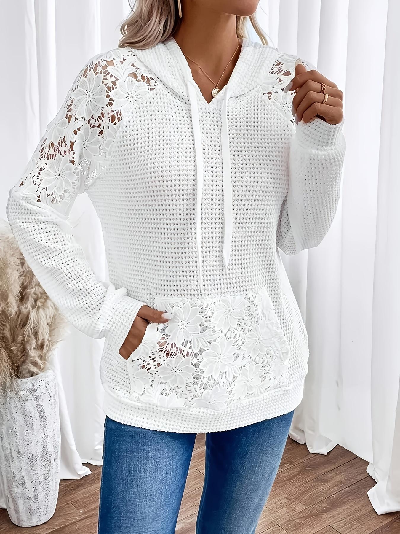 Plus Size Women's Hooded Lace Patchwork Pullover Sweater, Casual Long Sleeve Drop Shoulder Knit Top, Spring, Fall & Winter Fashion