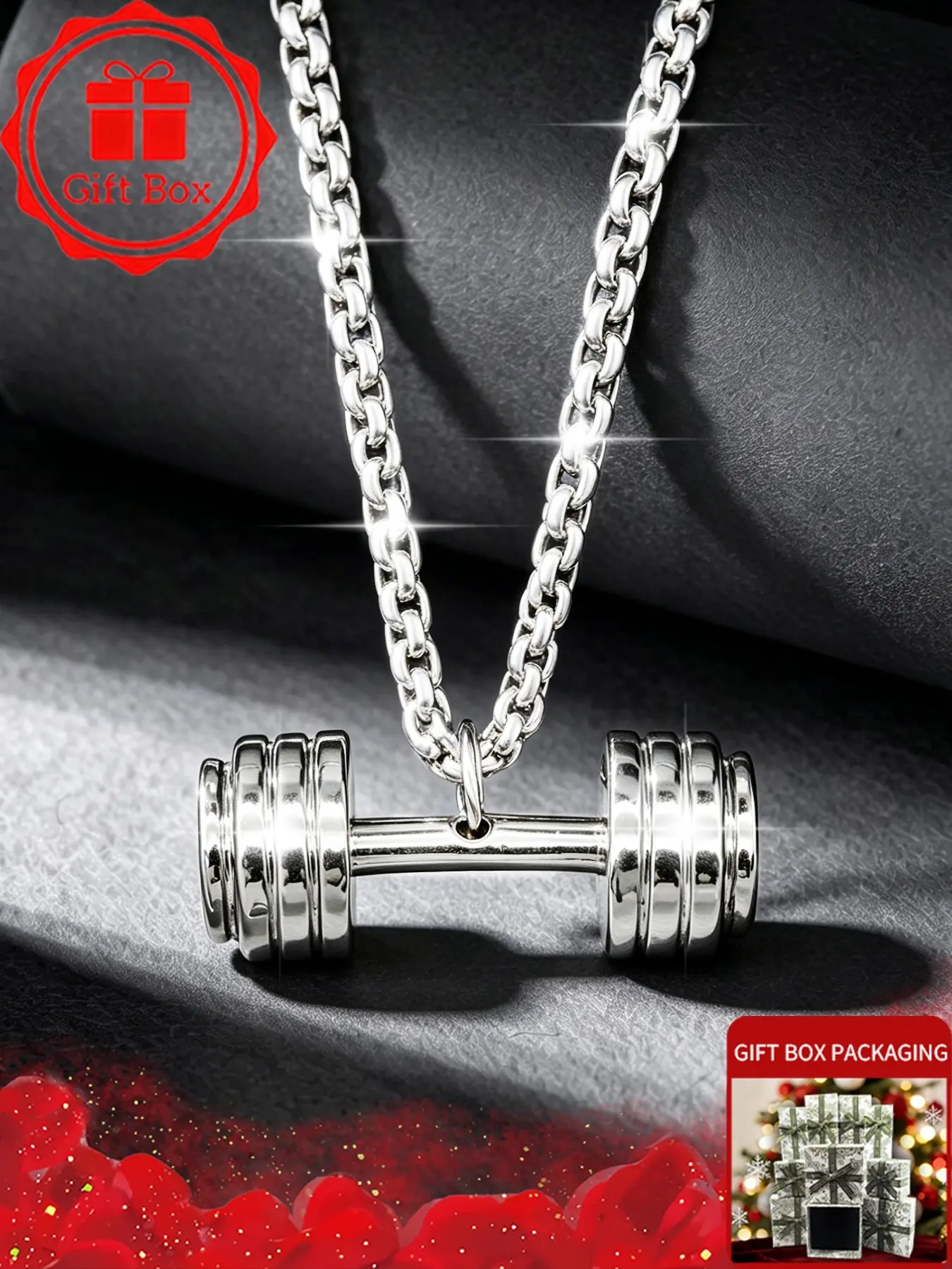 Aesthetic Dumbbell Chain Necklace with Gift Box, Vintage Silver Barbell Choker, Choker Necklaces, Gothic Punk Weight Gym Shape Jewelry for Men Women, Unisex Fitness Outfits Accessories, Birthday Christmas Gift for Boyfriend Son Gym Buddy Brother
