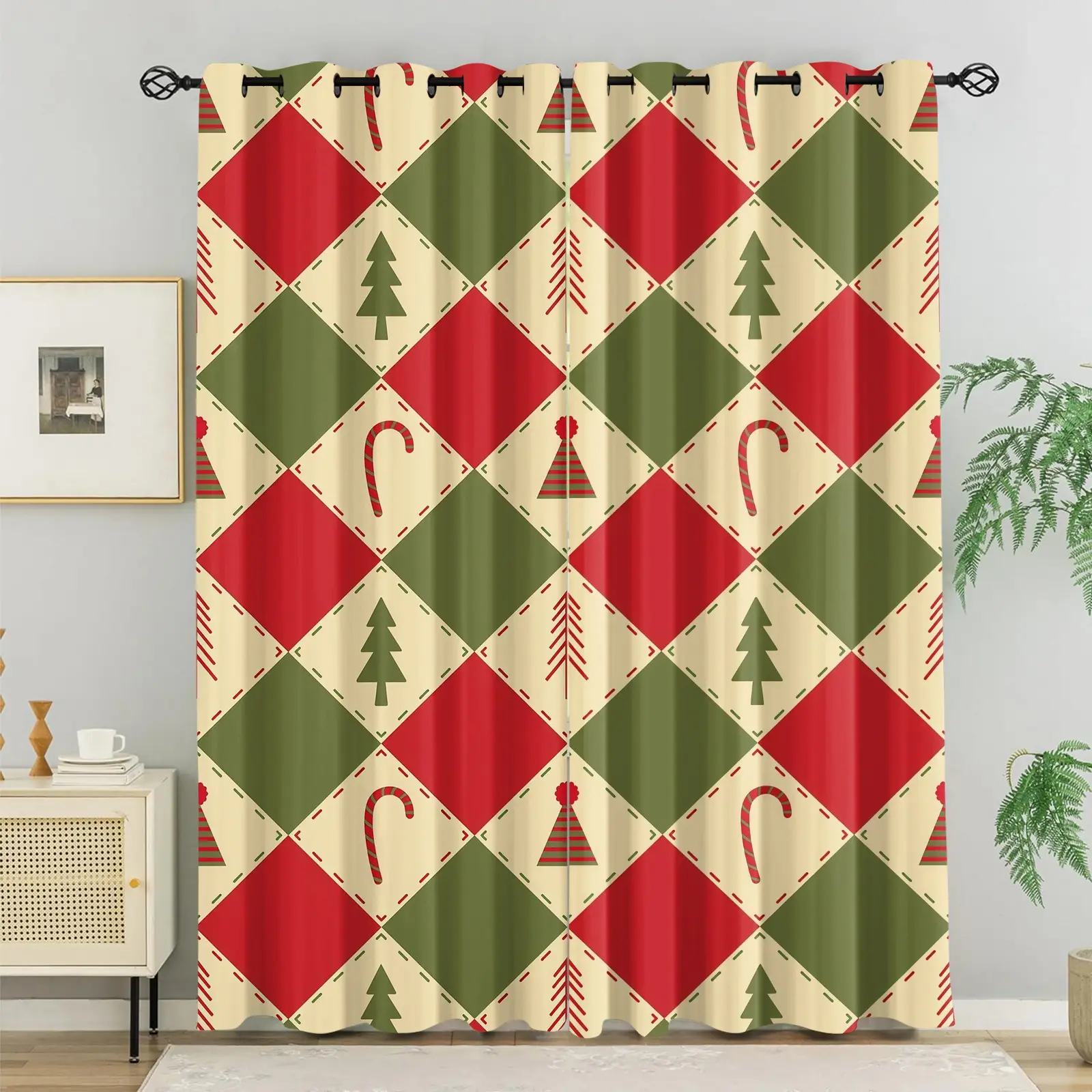 Christmas Themed Red & Green Plaid Printed Curtain Set of 2, Suitable for Living Room, Balcony & Bedroom Windows, Perfect Seasonal Holiday Home Room Decoration