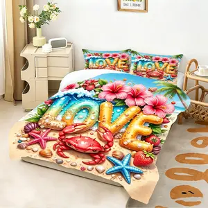 2/3Pcs Vacation Beach Love Printed Comforter Set, Tropical Seaside Bedding Set, Soft and Comfortable, Quilted Design, Suitable for All Seasons, Bedroom, Guest Room, and Seaside Homestay Decoration (Pillow Insert Not Included).