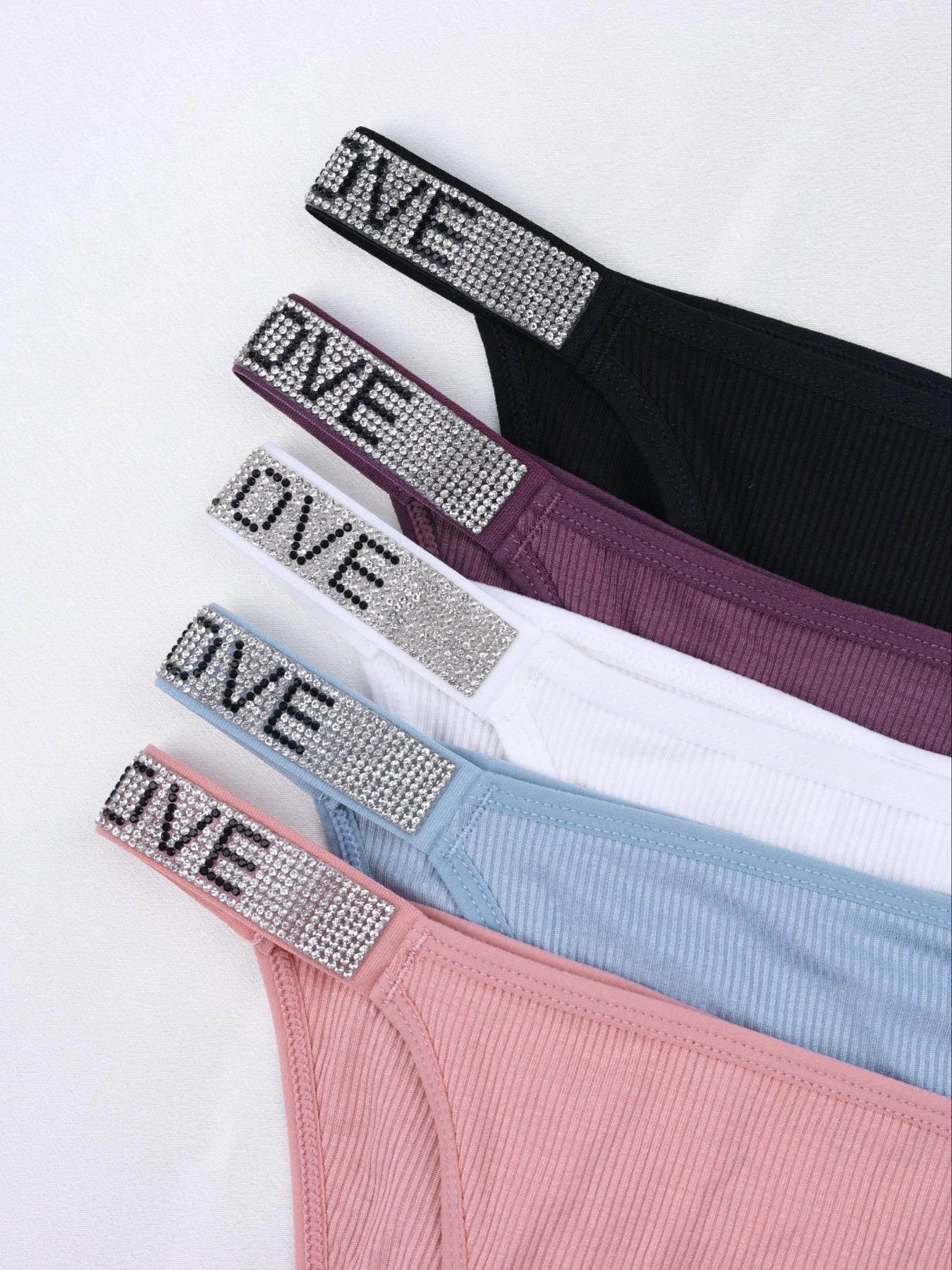 Women's 5pcs Letter Rhinestone Decor High Cut Knicker, Casual Comfy Breathable Drop Waist Panty for Daily Wear, Ladies Underwear for All Seasons, Underwear for Women, Summer Wear 2024
