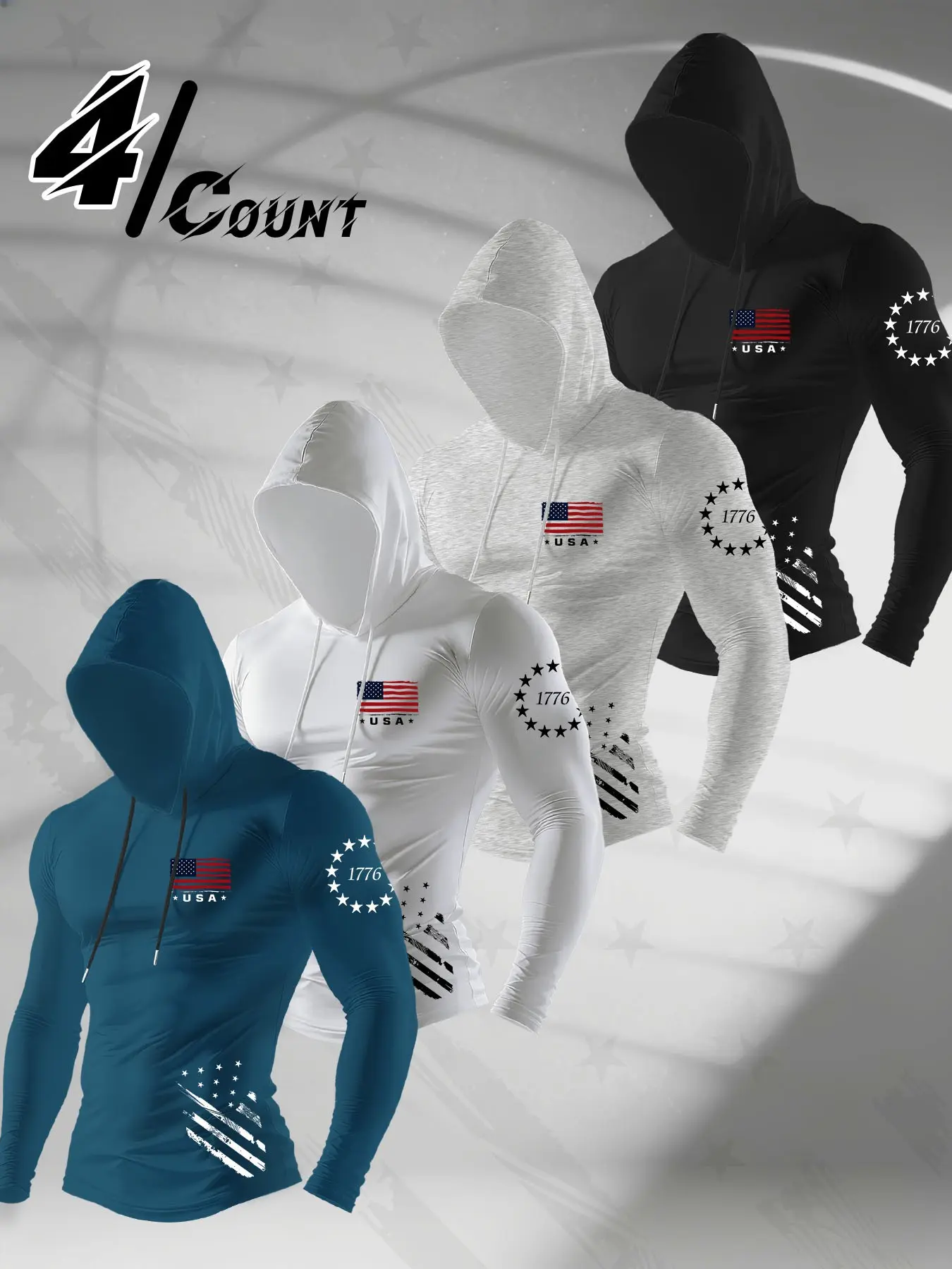 4 Pack Men Drawstring Hooded Long Sleeve Workout Shirt Vintage 1776 USA Star Stripe Flag Patriotic Graphic Quick Dry Breathable Outdoor Hunting Streetwear Athletic Multipack Top