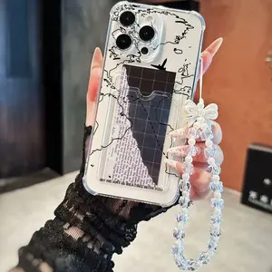 Retro Glitch USA Map Pixel Art Phone Case Shockproof Scratch-Resistant Card Slot Beaded Chain Compatible with iPhone11/12/13/14/15/Promax16/16Pro/16Plus