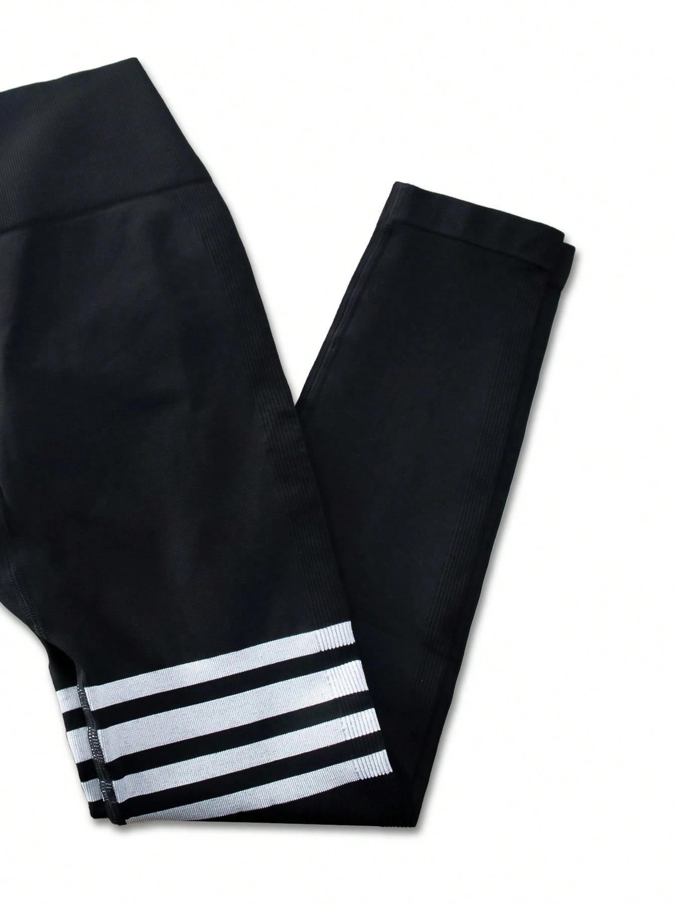 Sports Striped Linen Color High Waist Crinkled Women's Yoga Leggings High Stretch Seamless Tights For Indoor & Outdoor Workout Abdomen Control Shaping Peach Butt Casual Versatile 3 Counts