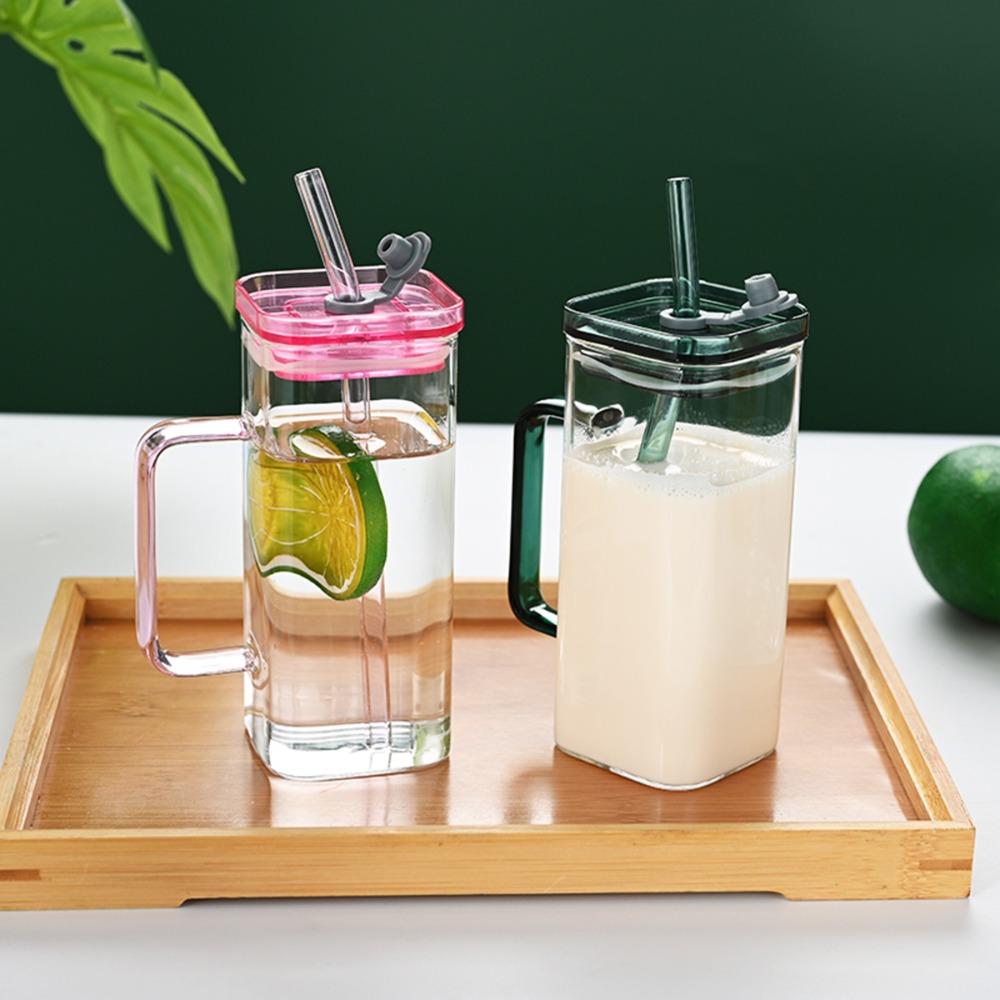 6 Sets Glass Cups with Lids & Straws, Square Drinking Glasses with Lids, Clear Highball Tumblers for Cocktail, Coffee, Juice, Beer, Modern Mixed Drinkware Jars