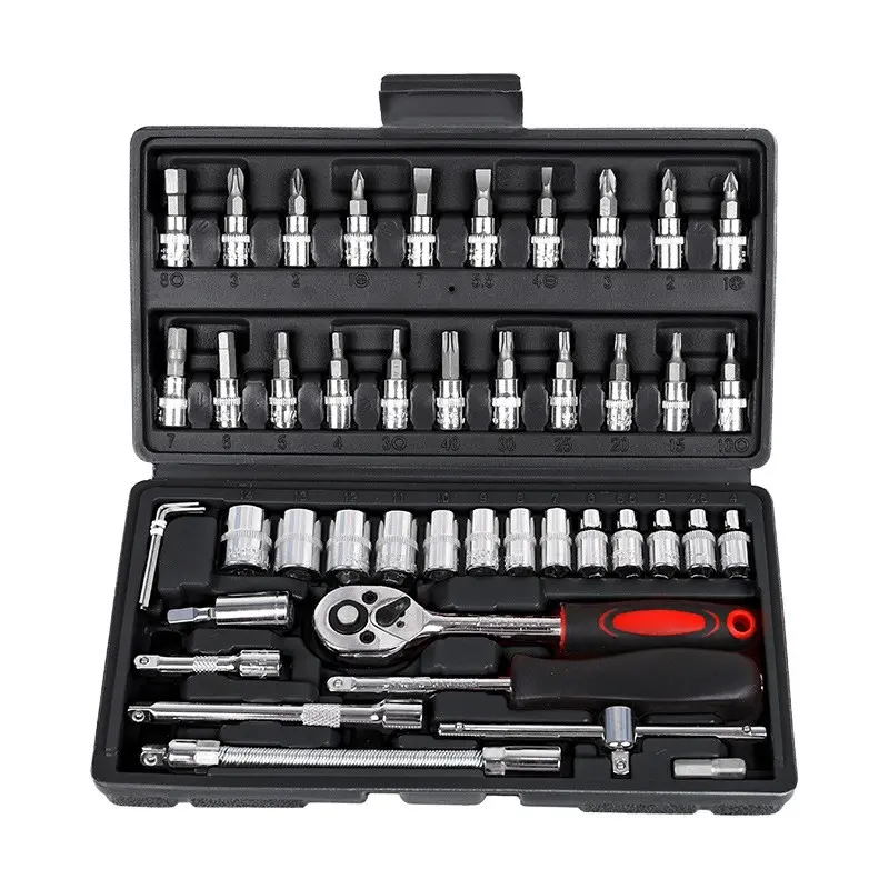 46-Piece Car Socket Wrench Set, Ratchet Socket Kit, Includes 1/4 Inch Sockets, Ratchets, Metric S2 Chrome Vanadium Steel, Ideal for Auto Repair and Home Use